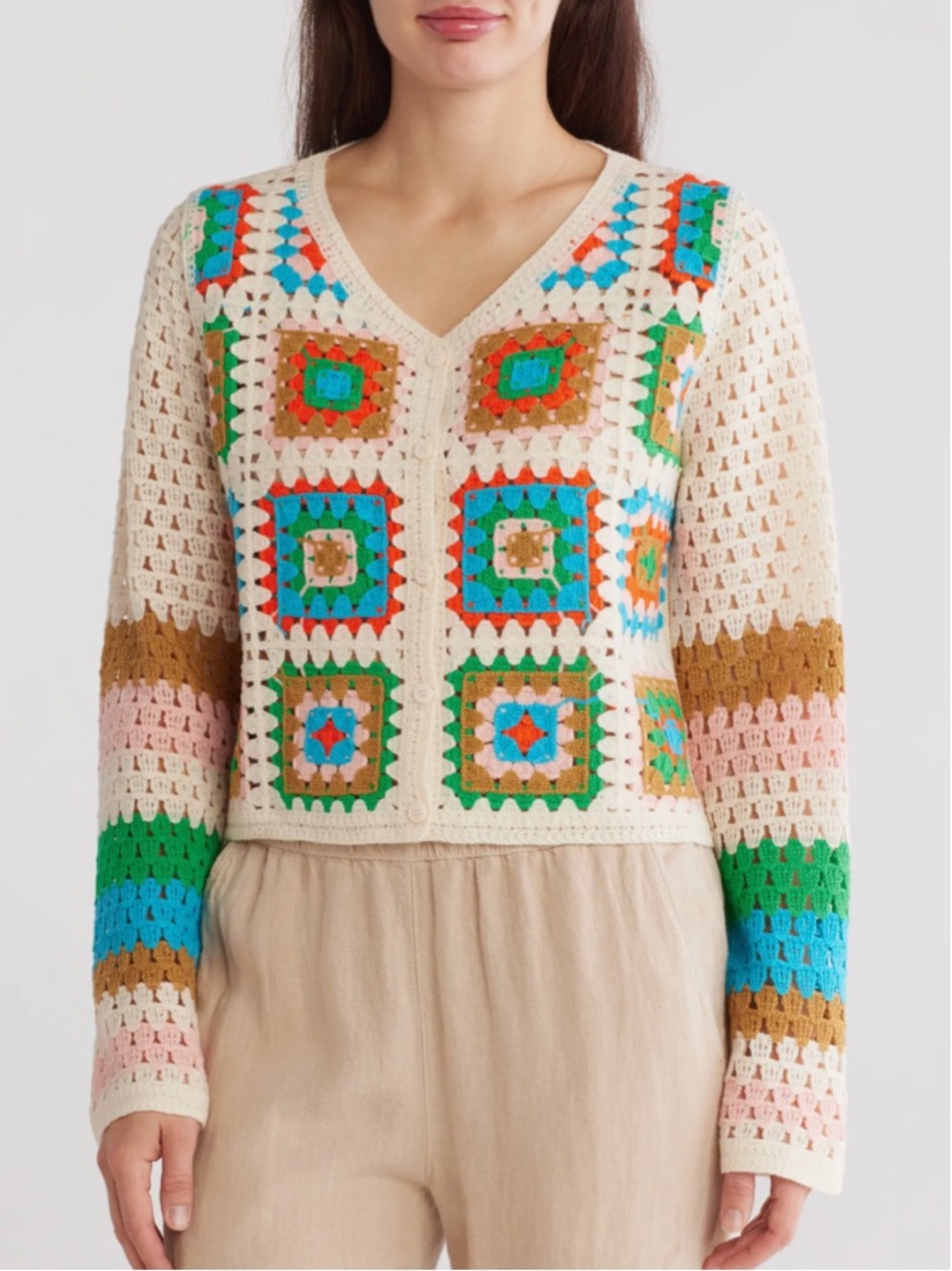 Crochet Button-Up V Neck Sweater Cardigan